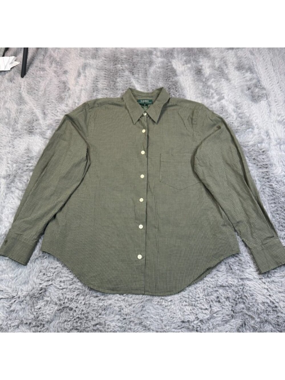 Lauren Ralph Lauren Button-Up Shirt Women 14 Green Cotton Gingham Travel Stretch
